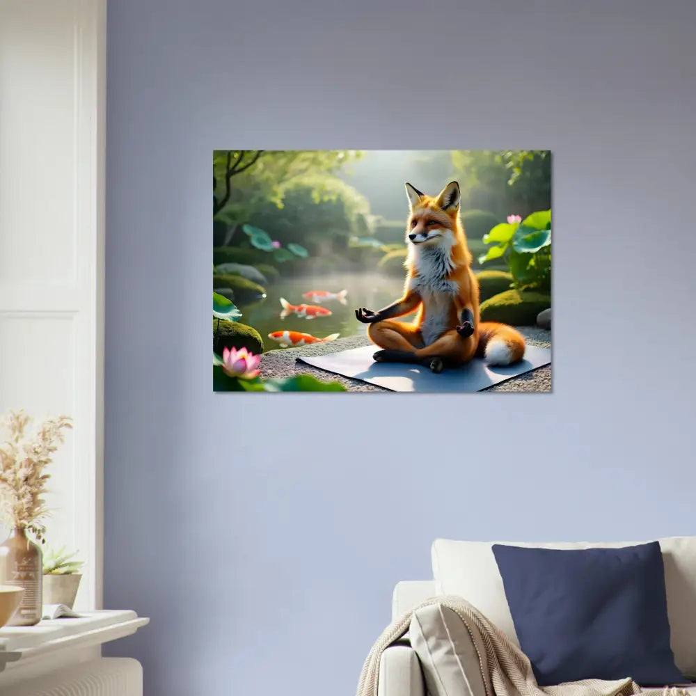 Fox meditating by a pond canvas art on Aluminum Print Foxasana PixiOnyx Mirror Calm Series