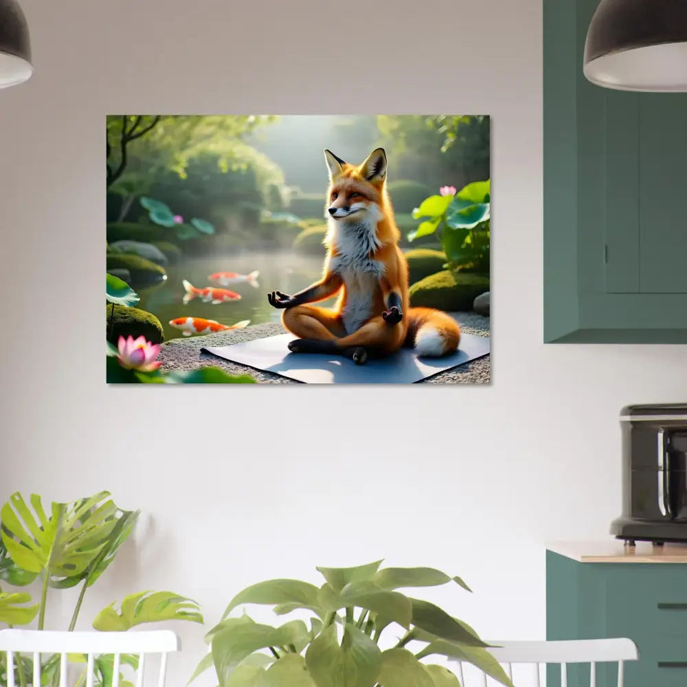 Framed fox meditation art on Aluminum Print Foxasana from PixiOnyx Mirror Calm Series