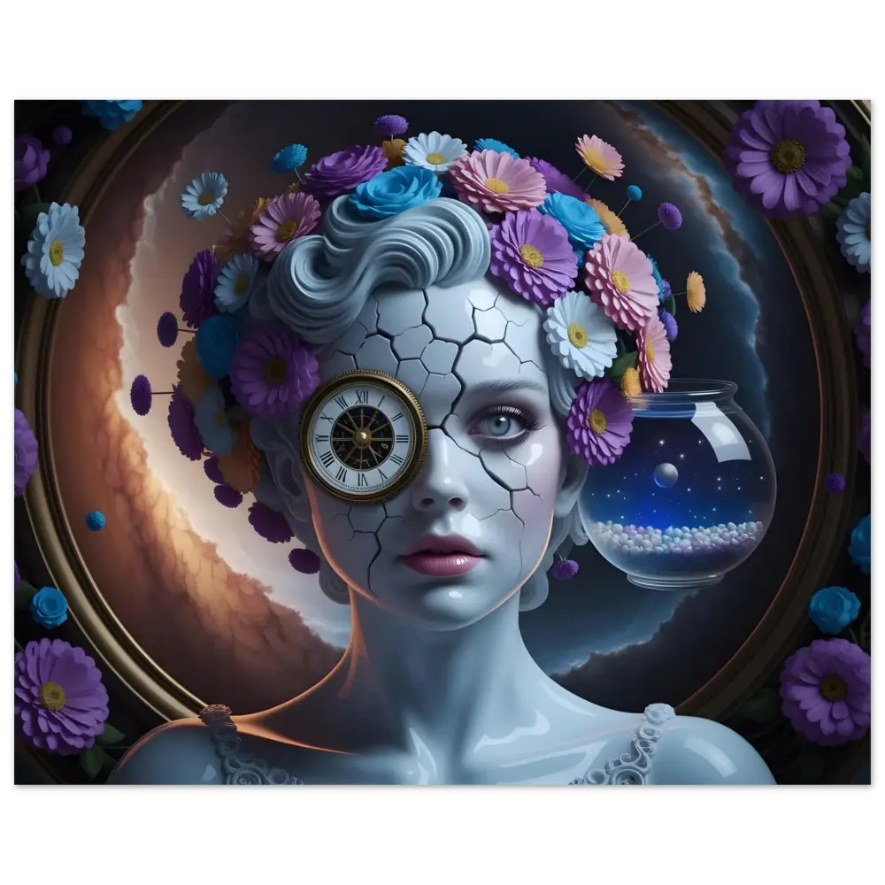 Surreal cracked porcelain woman with clock eye and floral headdress aluminum print