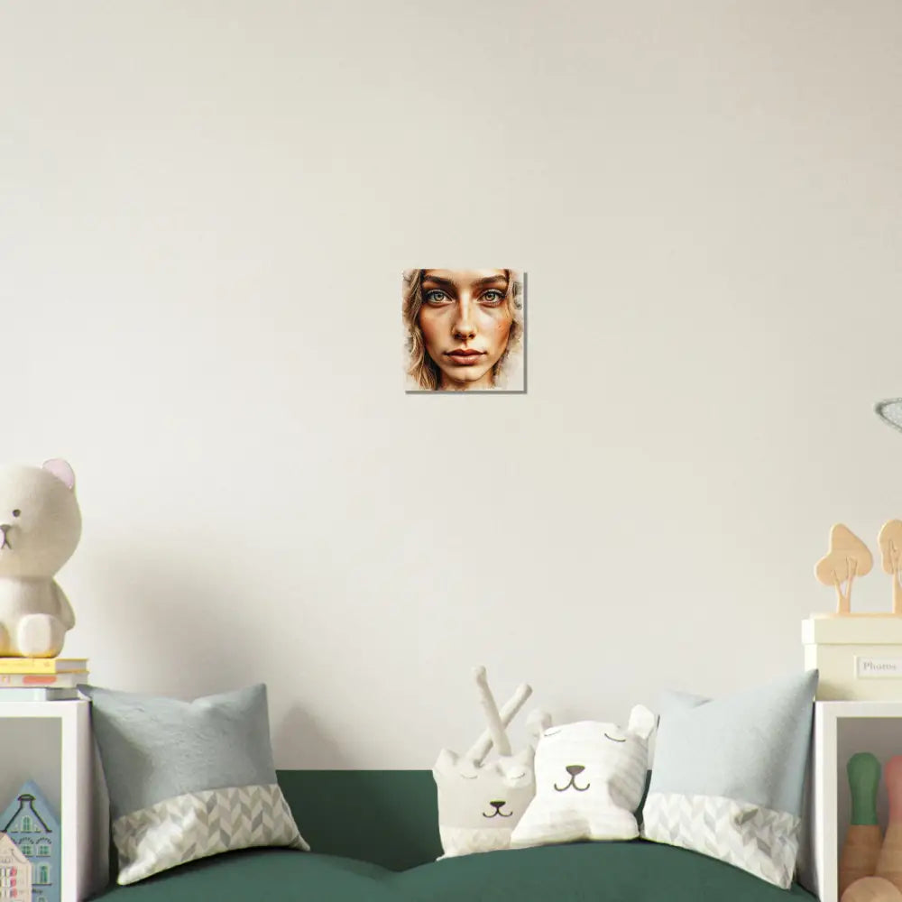 Square aluminum print of a woman’s face with high-gloss finish and infused archival inks