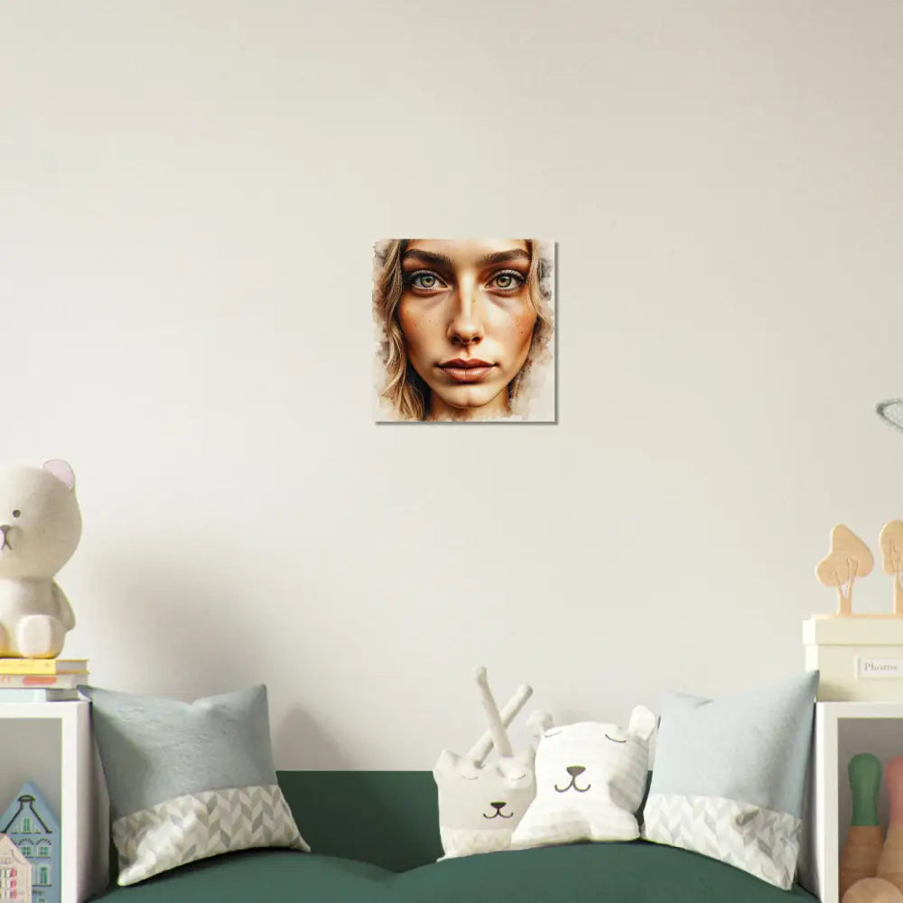 Minimalist wall art print of woman’s face with green eyes on high-gloss aluminum panel