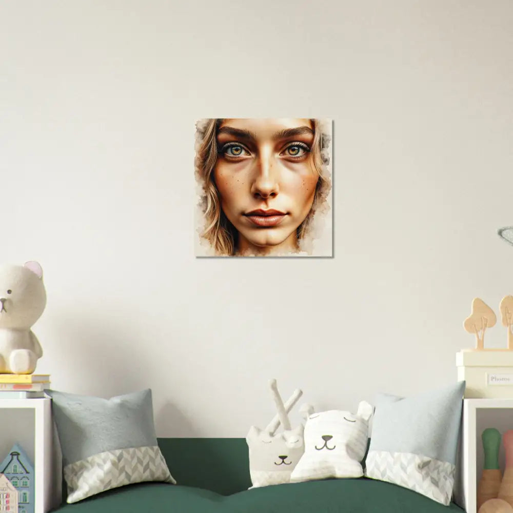 Square portrait of woman with light hair and green eyes on high-gloss aluminum panel with infused archival inks
