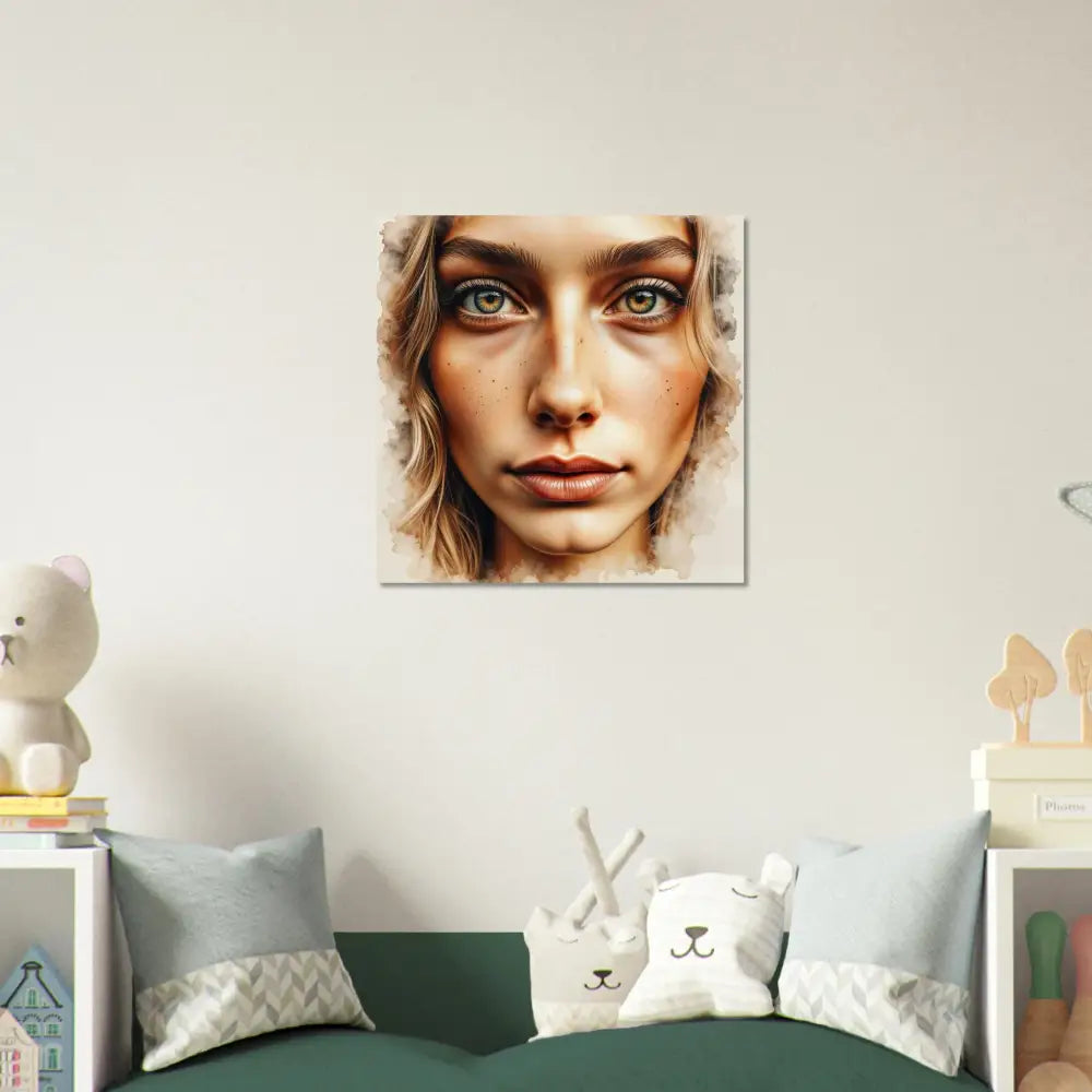 Framed watercolor of a woman with light hair and green eyes on high-gloss aluminum panel
