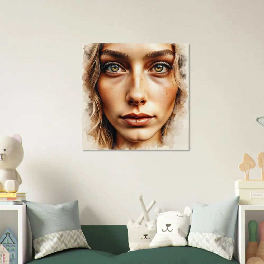 Watercolor-style portrait of a freckled woman with green eyes on high-gloss aluminum panel