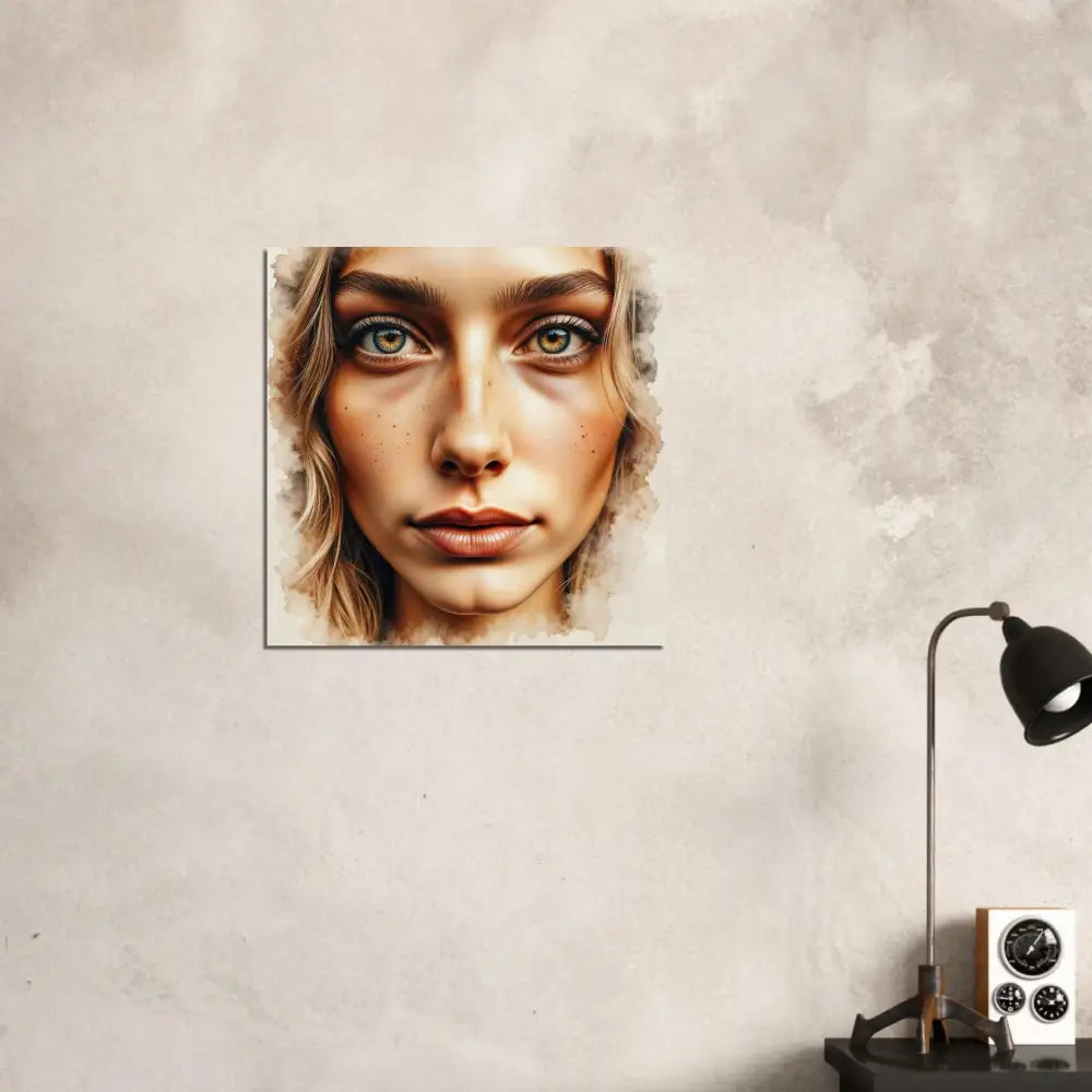 High-gloss aluminum panel with watercolor-style woman portrait in infused archival inks