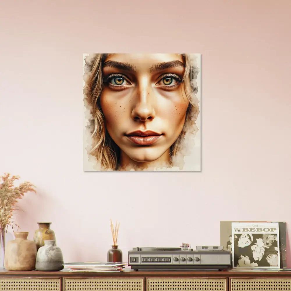 Watercolor portrait of a woman with green eyes on high-gloss aluminum panel with infused archival inks