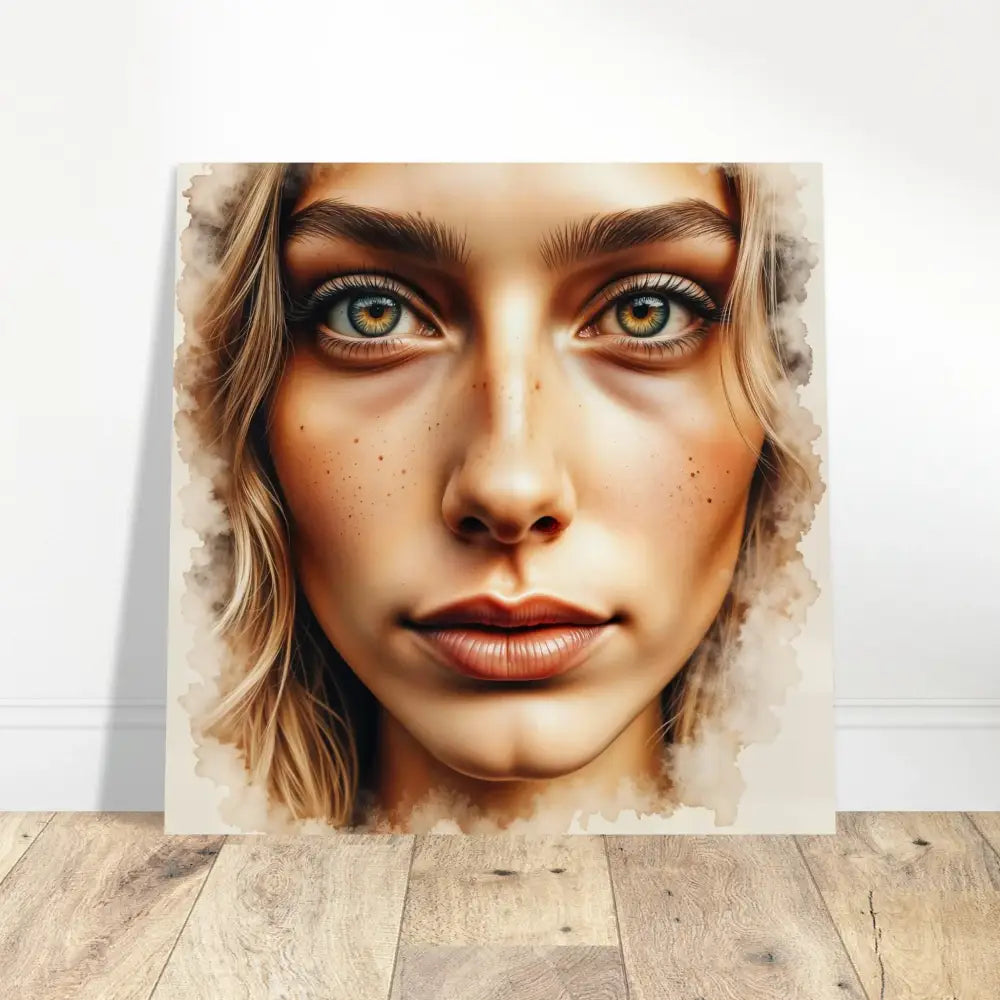 Watercolor portrait of a woman with green eyes on high-gloss aluminum panel with infused archival inks
