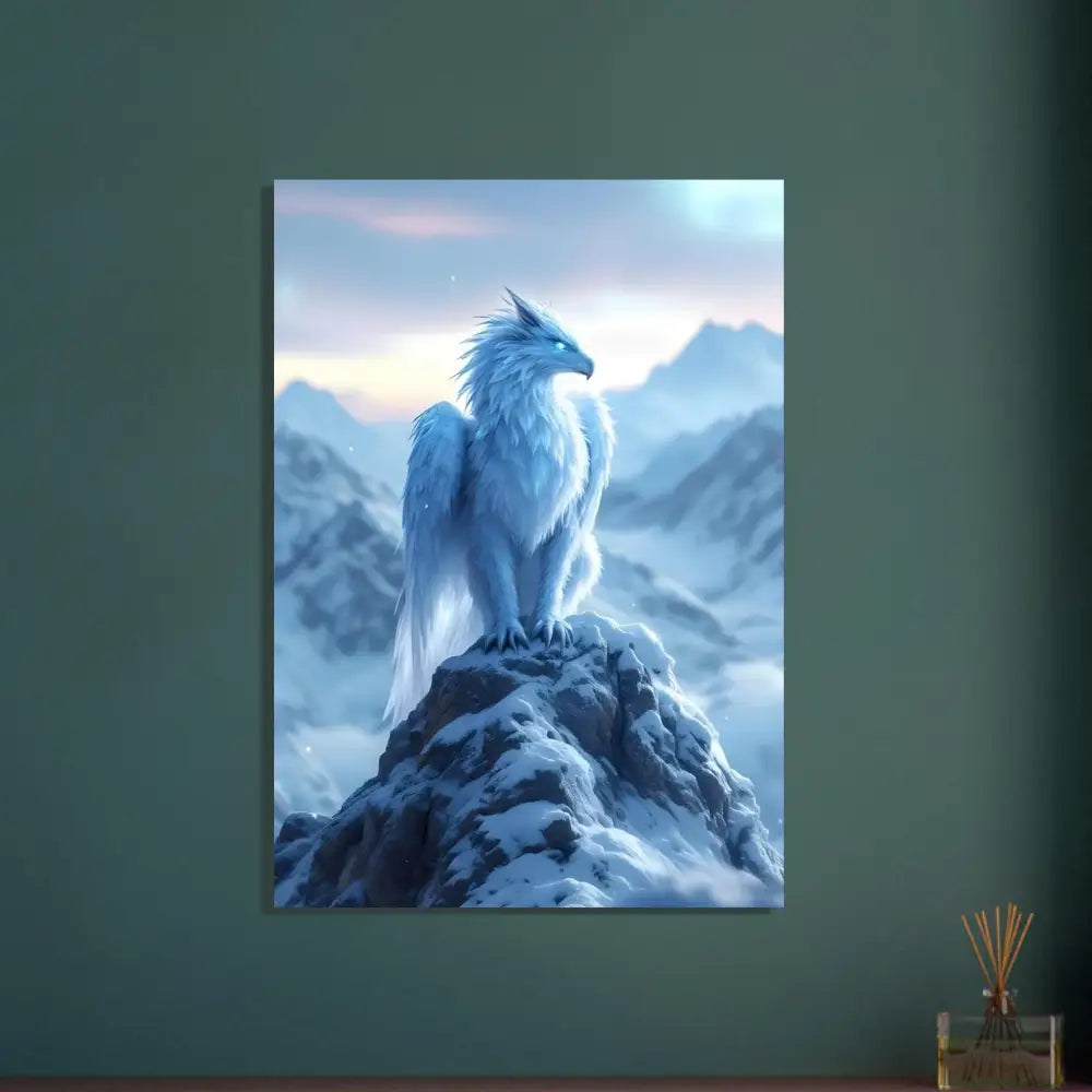 Framed fantasy griffin artwork on aluminum print titled Frostpeak Gryphon by PixiOnyx