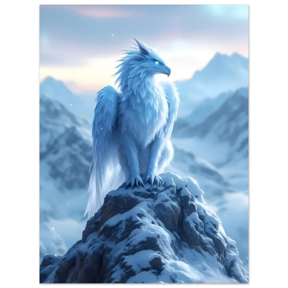 Icy white griffin depicted on Aluminum Print Frostpeak Gryphon by PixiOnyx ultra-detailed fantasy