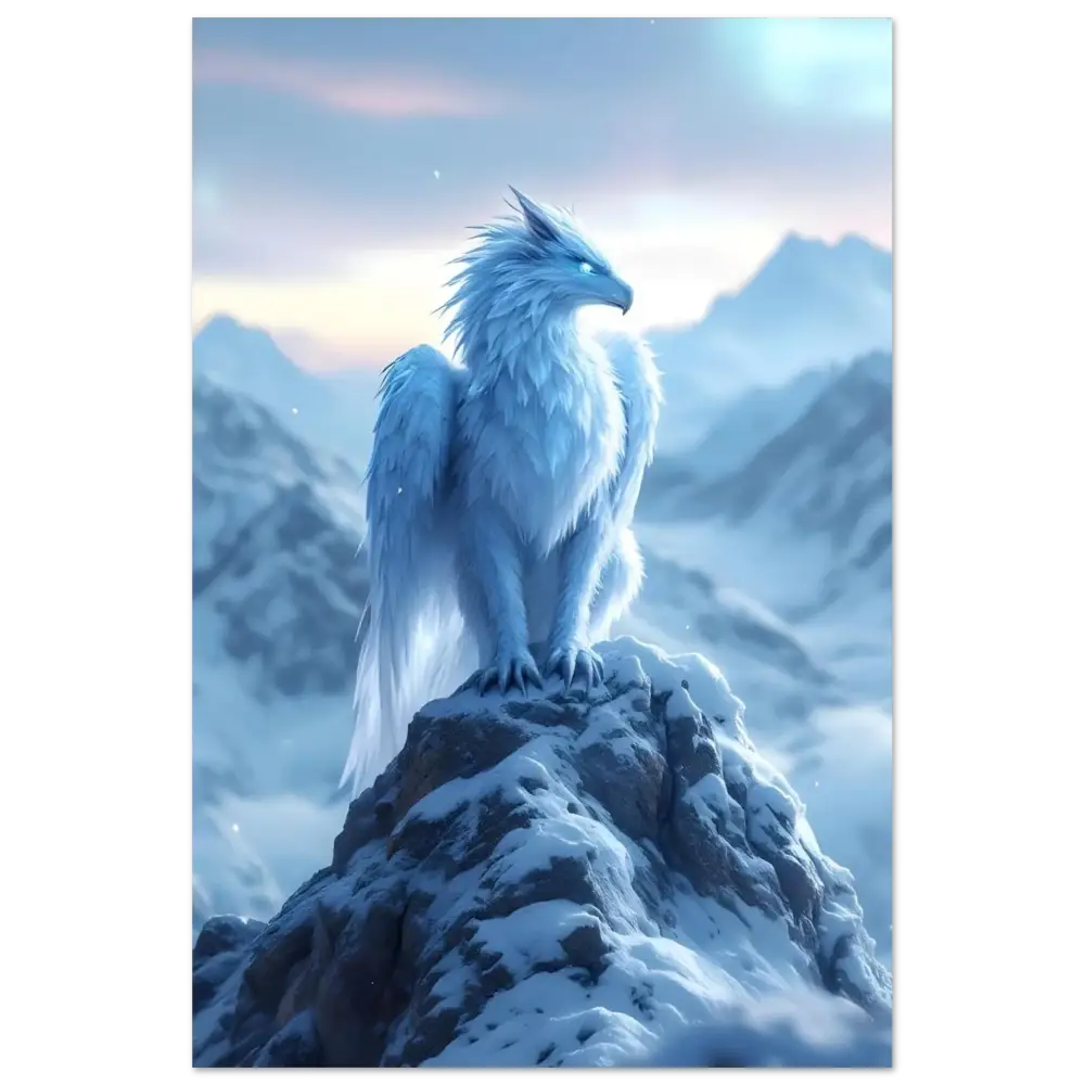 Ice-blue feathered griffin displayed on Aluminum Print Frostpeak Gryphon PixiOnyx fantasy art