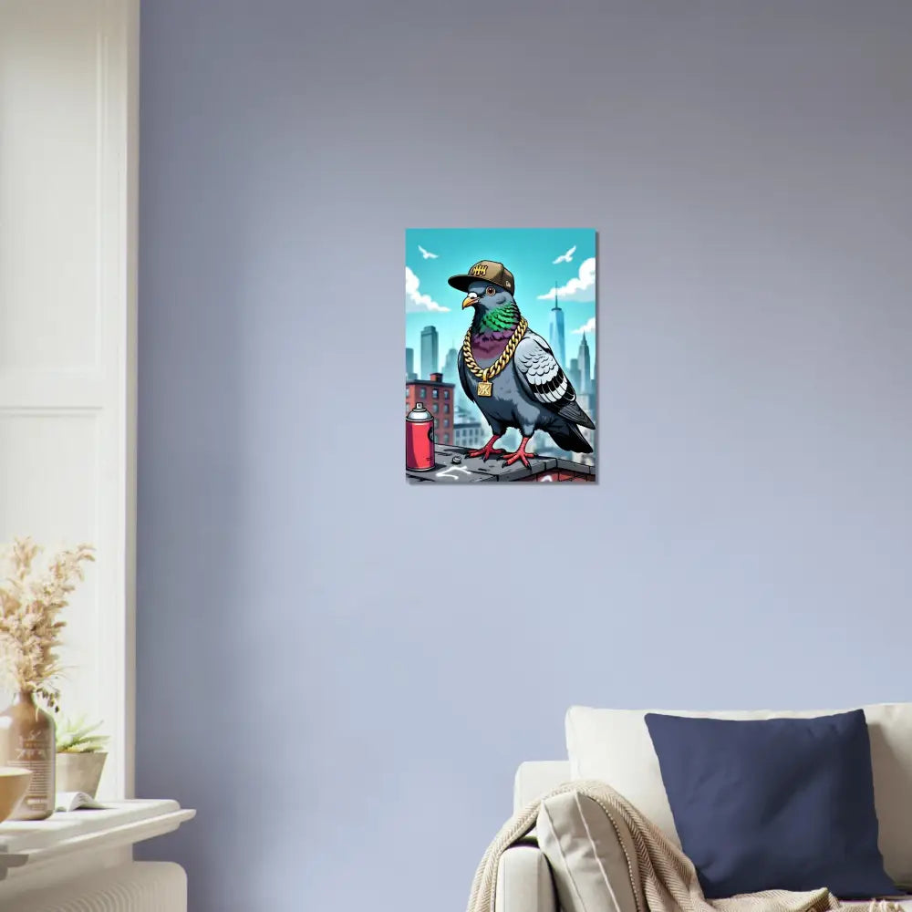 Framed pigeon artwork Aluminum Print Gangster Pigeon Skyline PixiOnyx Metal Street Statement