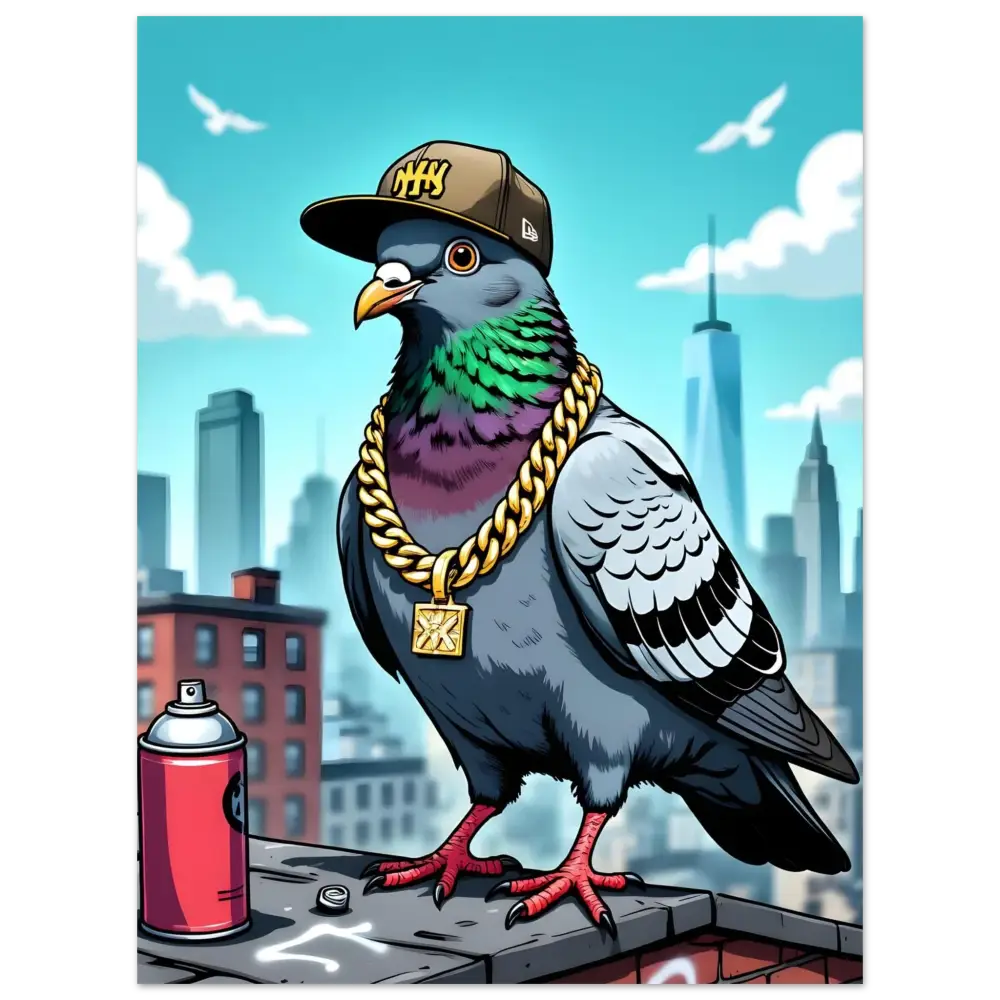 Urban pigeon with gold chain and baseball cap on metal street art Aluminum Print