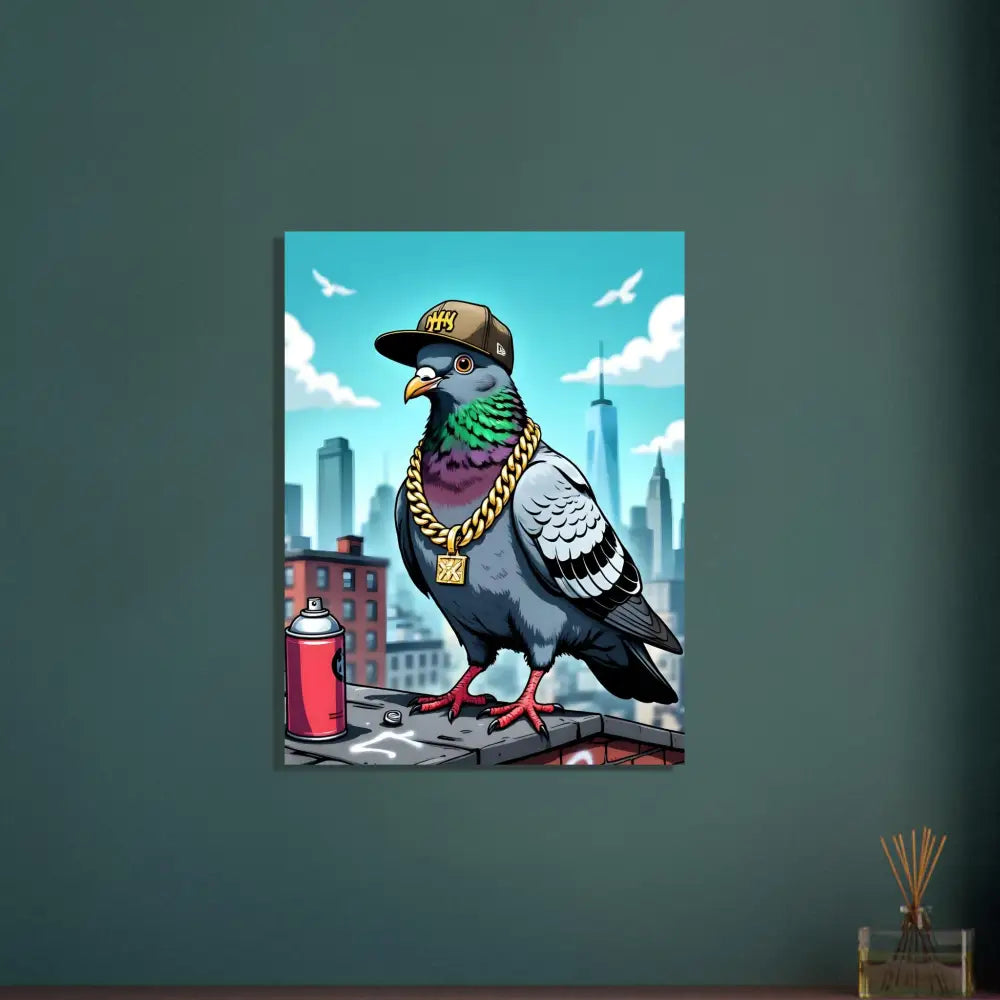 Cartoon pigeon wearing gold chain and baseball cap on Aluminum Print Gangster Pigeon Skyline