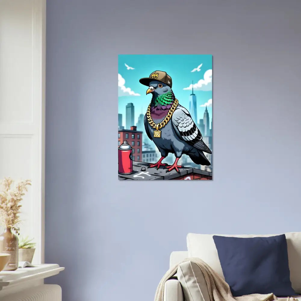 Framed pigeon art on Aluminum Print Gangster Pigeon Skyline by PixiOnyx Metal Street