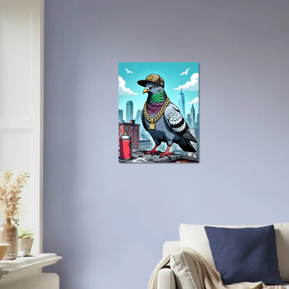 Framed pigeon art on Aluminum Print Gangster Pigeon Skyline by PixiOnyx Metal Street Statement