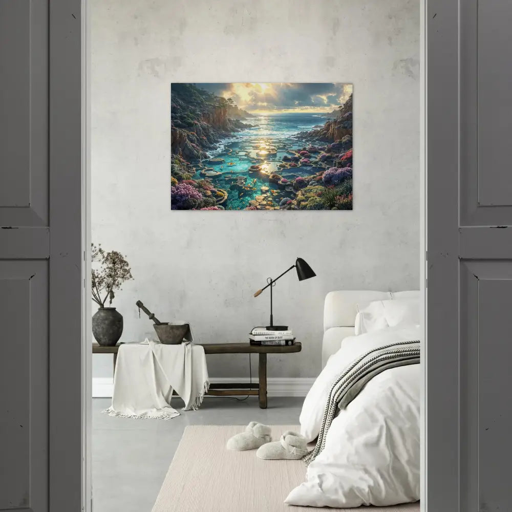 Bedroom interior with seascape artwork Aluminum Print Garden of the Tides PixiOnyx Shimmersteel Edition