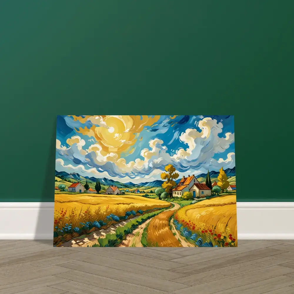 Colorful landscape painting on Aluminum Print titled Golden Fields Reverie by PixiOnyx