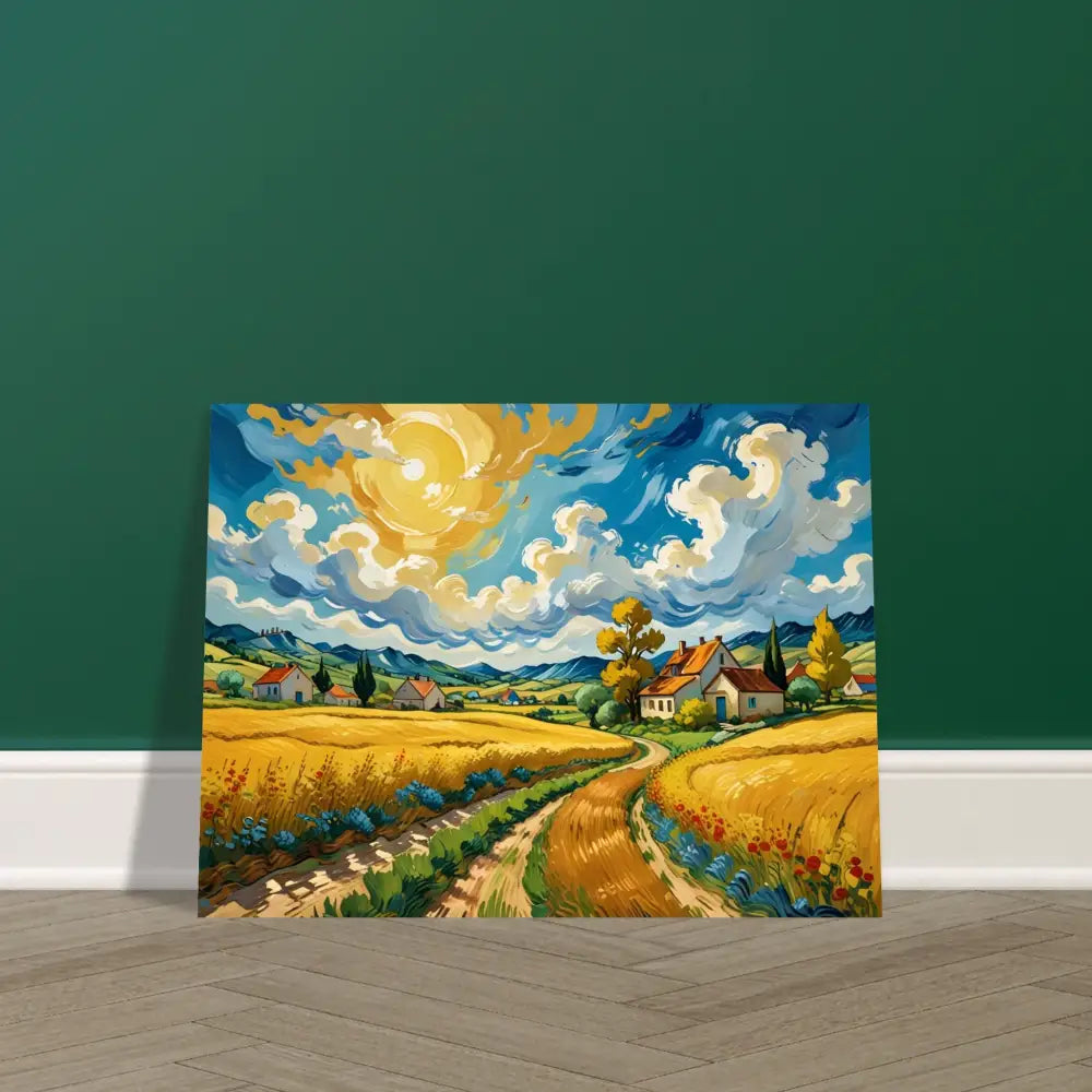 Vibrant landscape painting aluminum print Golden Fields Reverie PixiOnyx Pastoral Dreamscape