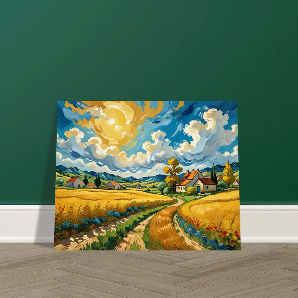 Vibrant landscape painting aluminum print Golden Fields Reverie PixiOnyx Pastoral Dreamscape