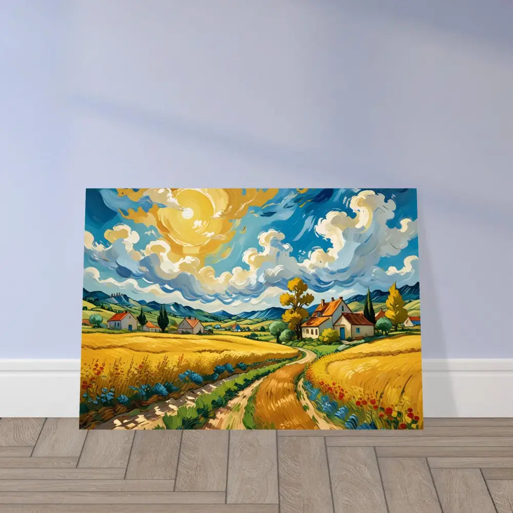 Vibrant landscape painting of golden fields in the Aluminum Print PixiOnyx Pastoral Dreamscape