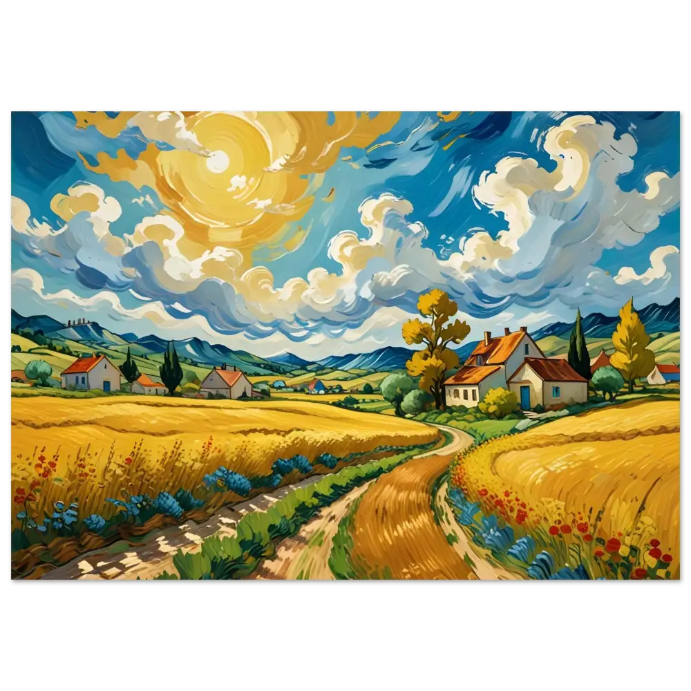 Vibrant rural landscape painting on Aluminum Print Golden Fields Reverie by PixiOnyx
