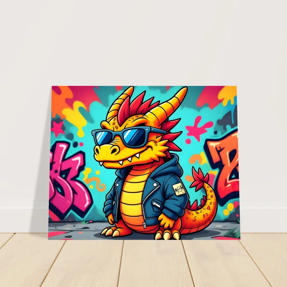 Cartoon dragon in sunglasses and jacket on graffiti-style urban pop metal art aluminum print