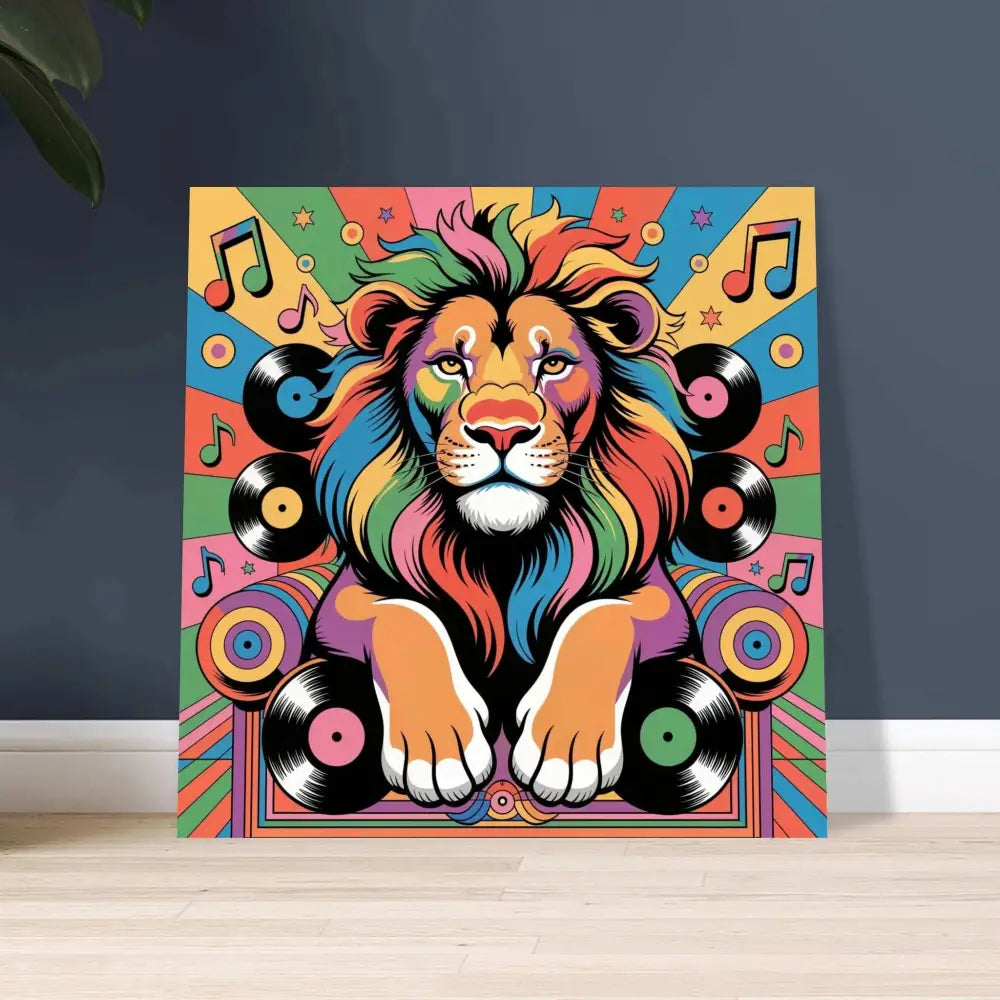 Colorful psychedelic king lion art print with musical notes and vinyl records for Groove King PixiOnyx Chrome Sound