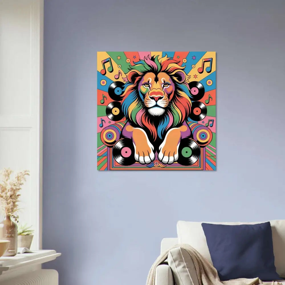 Colorful lion with rainbow mane and musical motifs on Aluminum Print Groove King PixiOnyx Chrome Sound