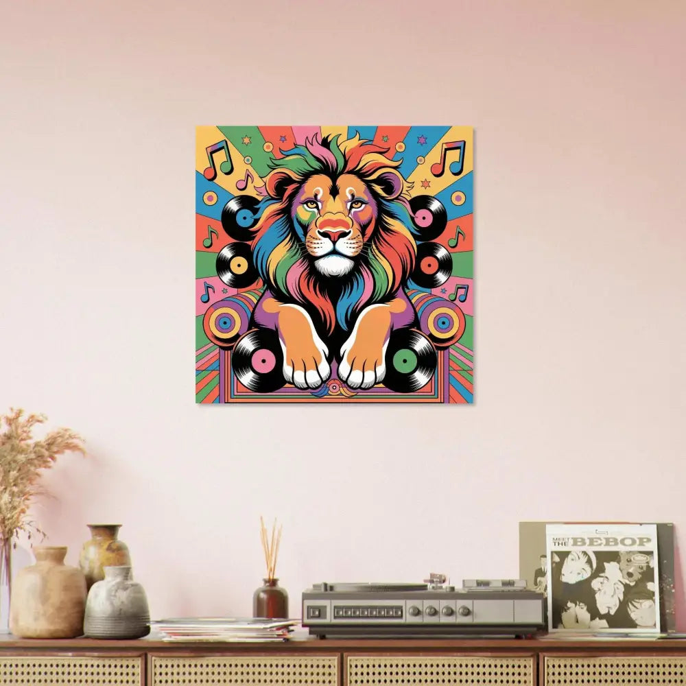 Colorful lion-themed canvas art featuring musical notes and vinyl records for Groove King PixiOnyx Chrome Sound