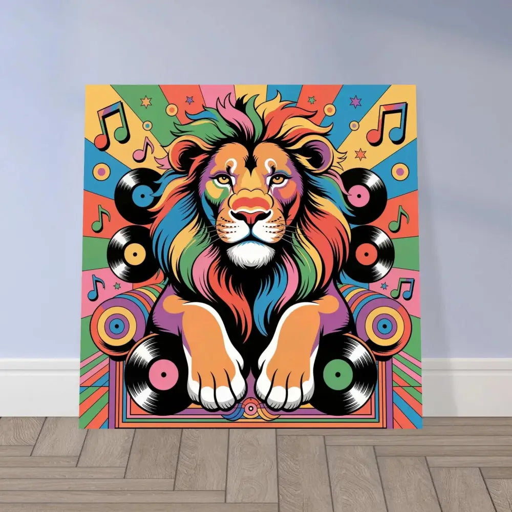 Colorful pop-art style Aluminum Print Groove King featuring a lion, musical notes, vinyl records
