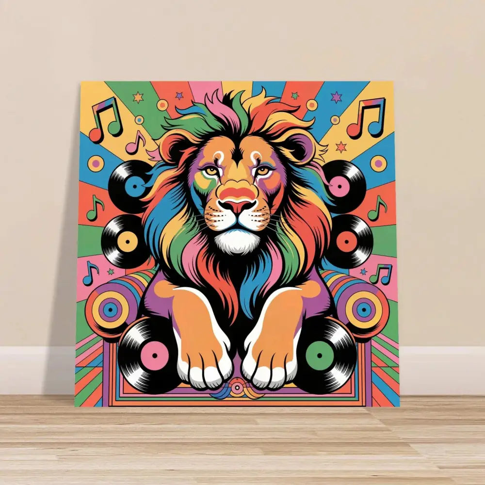 Vibrant psychedelic king lion art print with musical notes and vinyl records for Groove King PixiOnyx Chrome Sound