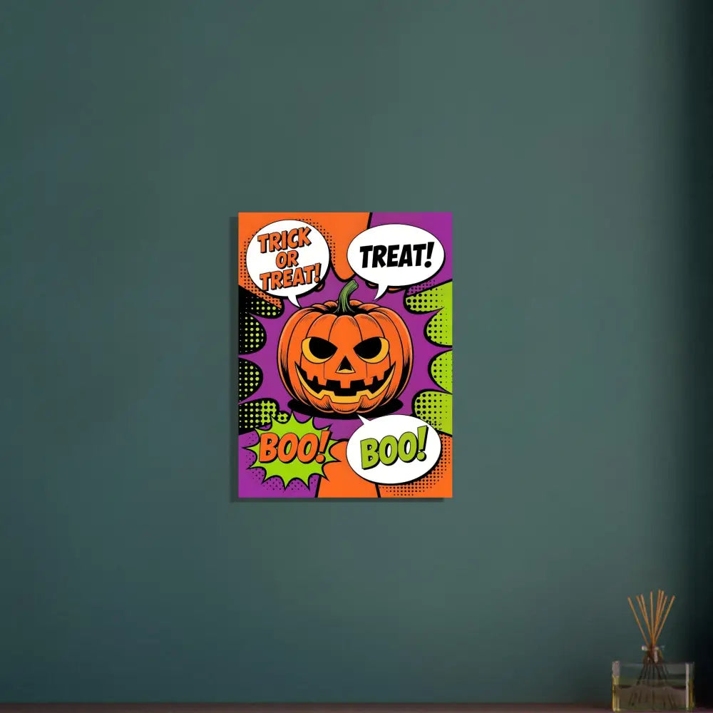 Halloween pop art canvas print featuring vibrant trick-or-treat pumpkin design