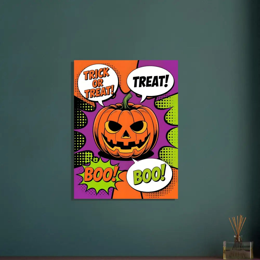 Halloween pop art canvas featuring a carved pumpkin with speech bubbles for vibrant decor
