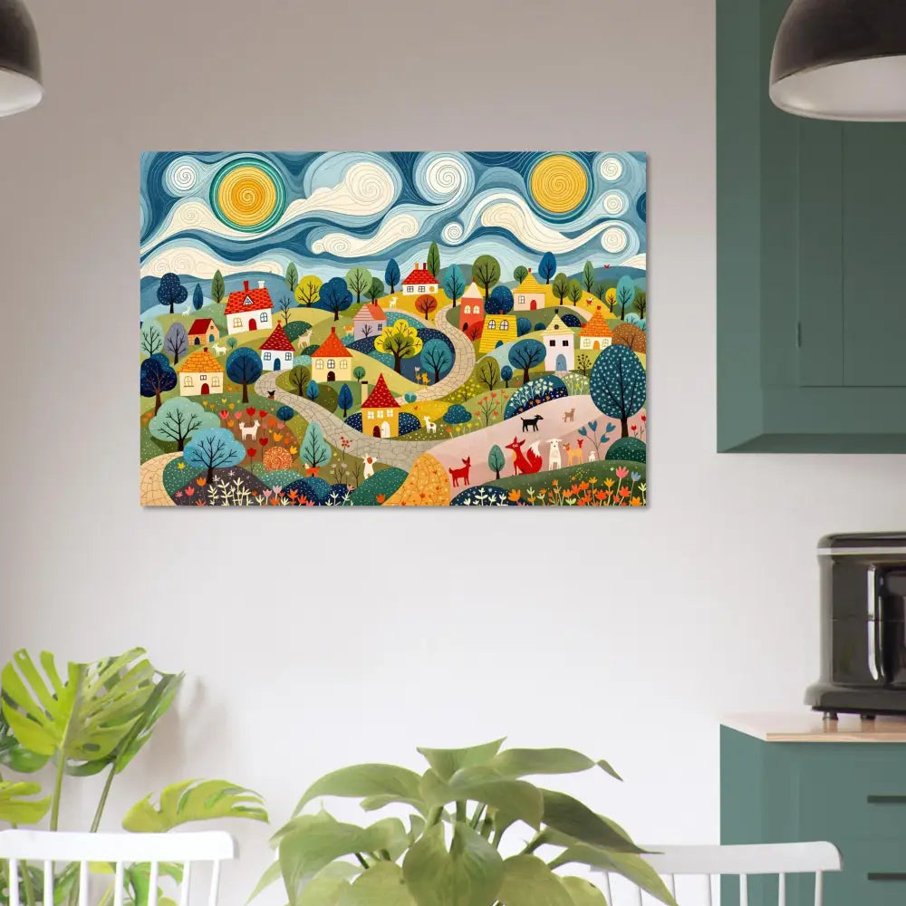Colorful village landscape painting on Aluminum Print Hillside Harmony PixiOnyx Shinecore Edition