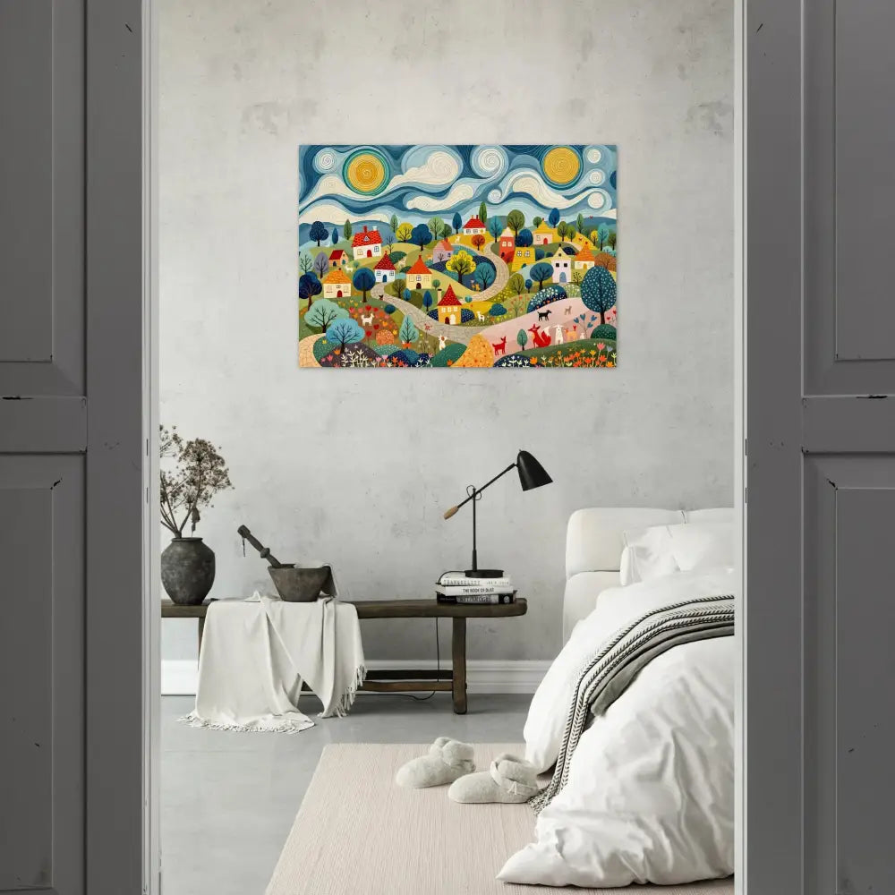 Colorful village painting on Aluminum Print Hillside Harmony PixiOnyx Shinecore Edition