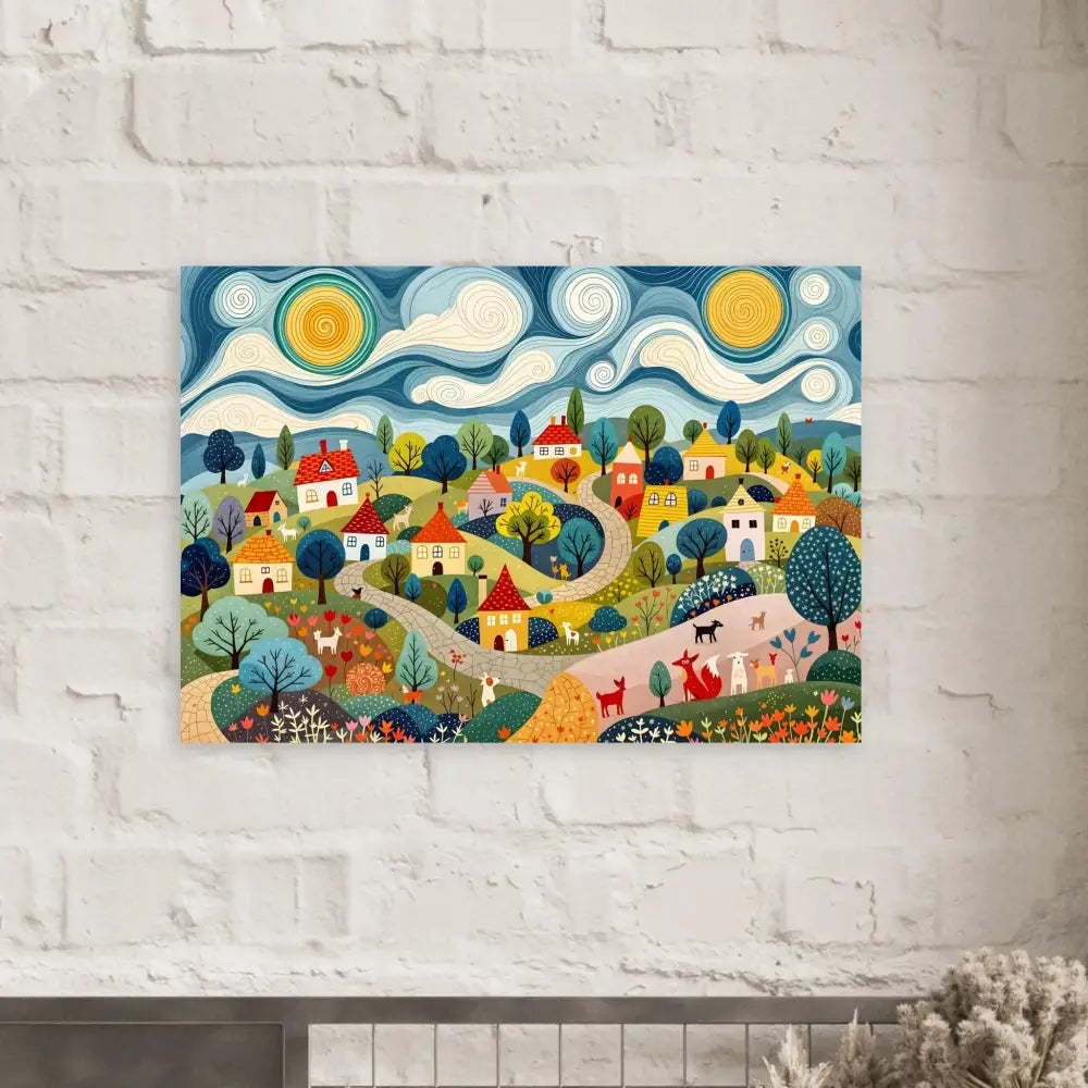 Colorful village painting on Aluminum Print Hillside Harmony PixiOnyx Shinecore Edition