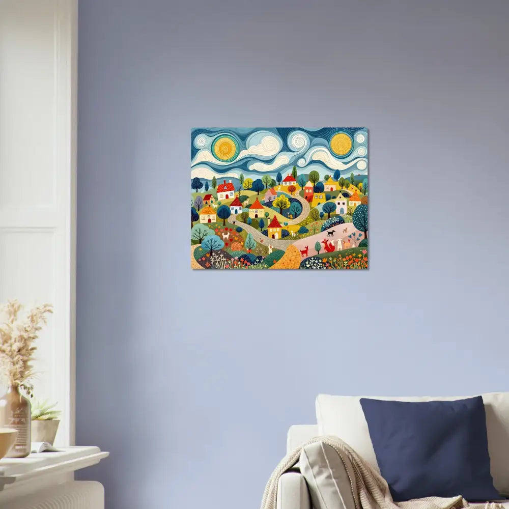 Colorful village painting on Aluminum Print Hillside Harmony PixiOnyx Shinecore Edition