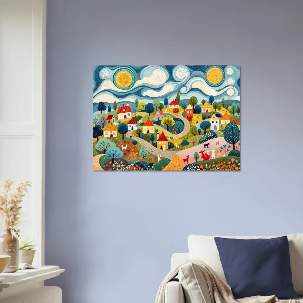Colorful village scene painting on aluminum print Hillside Harmony PixiOnyx Shinecore Edition