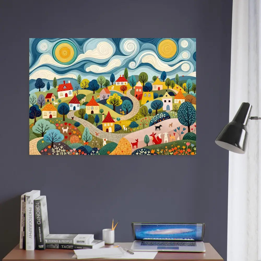 Colorful village scene artwork on Aluminum Print Hillside Harmony PixiOnyx Shinecore Edition