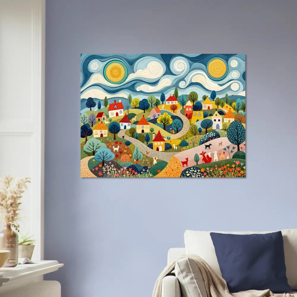 Colorful village landscape painting on Aluminum Print Hillside Harmony PixiOnyx Shinecore Edition