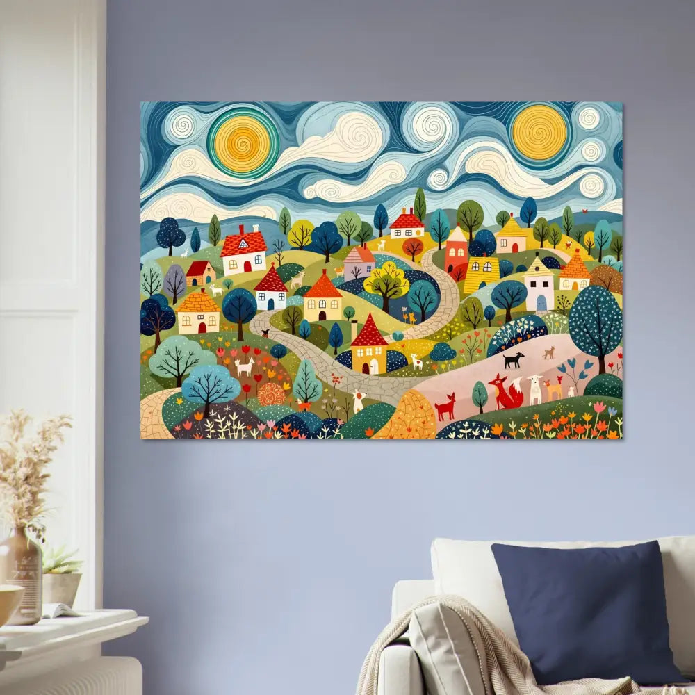 Colorful village landscape painting Aluminum Print Hillside Harmony PixiOnyx Shinecore Edition