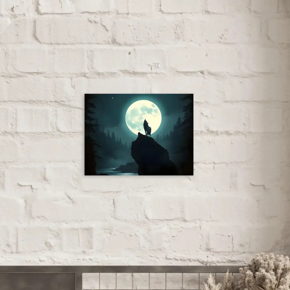 Aluminum print artwork of a wolf howling at the moon by PixiOnyx Lunar Reverie