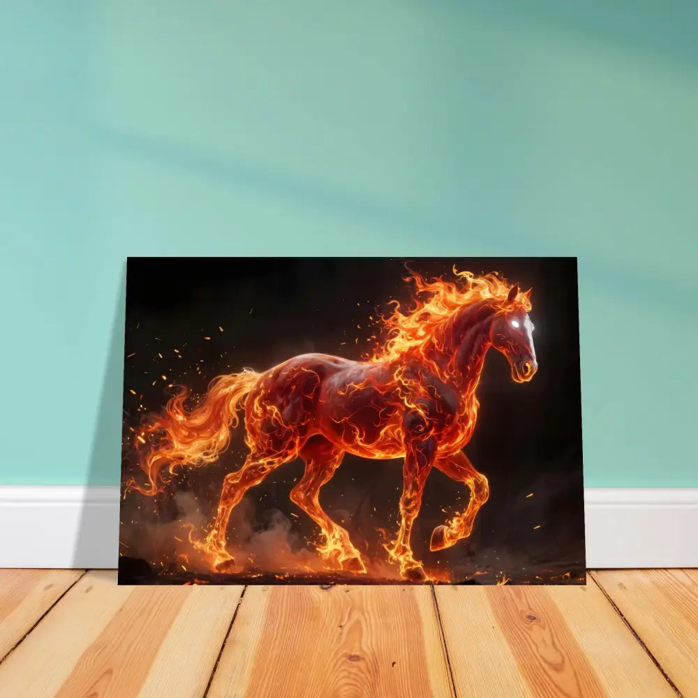 Inferno Stallion aluminum print showcasing a fiery horse with glowing eyes from PixiOnyx Luminous Fury
