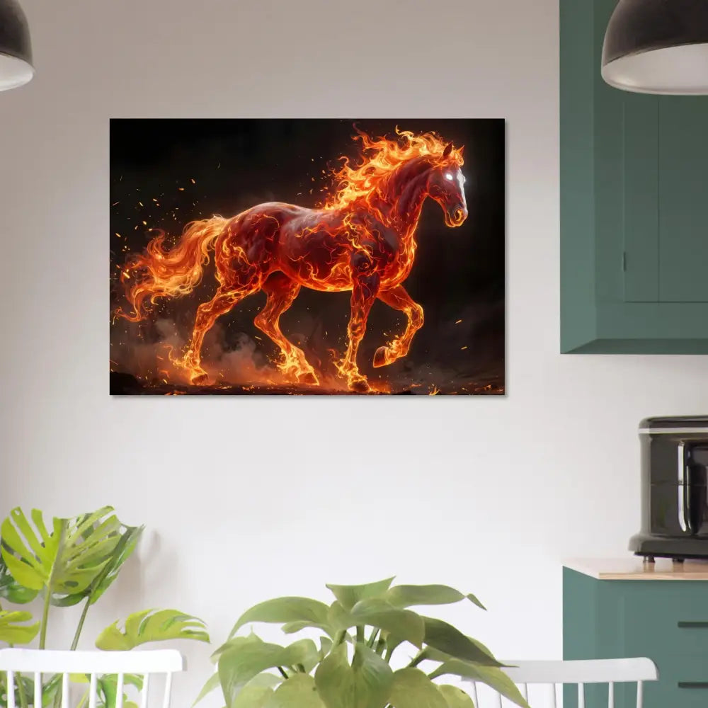 Vibrant aluminum print of Inferno Stallion with glowing eyes from PixiOnyx Luminous Fury