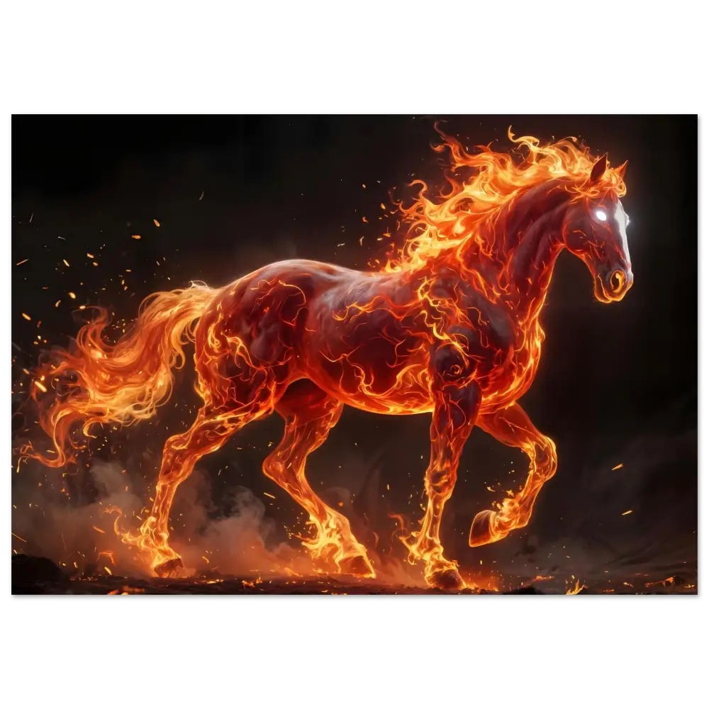 Inferno Stallion aluminum print featuring a fiery horse with glowing eyes from PixiOnyx Luminous Fury