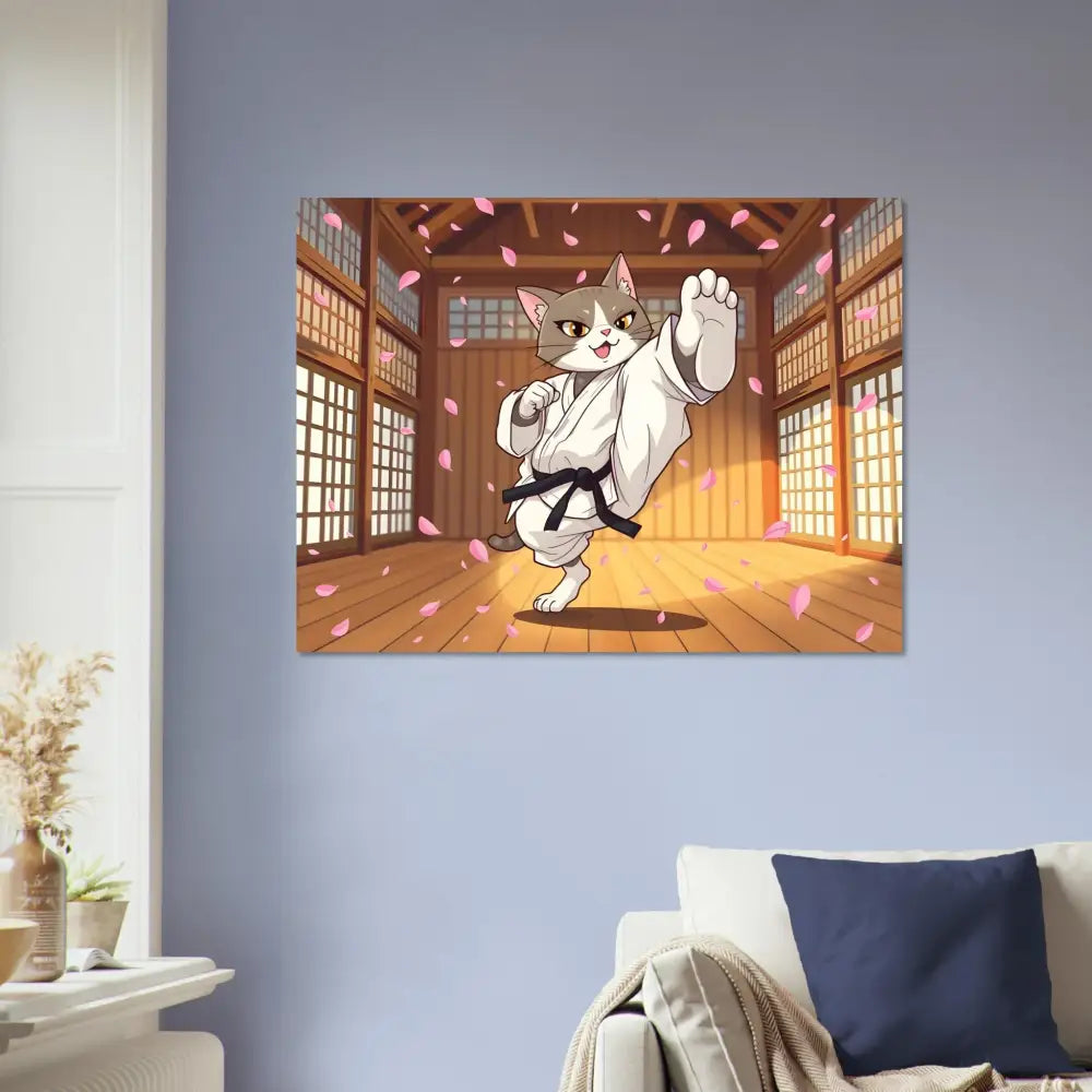Aluminum Print Karate Cat Cherry Blossom Showdown wall art by PixiOnyx