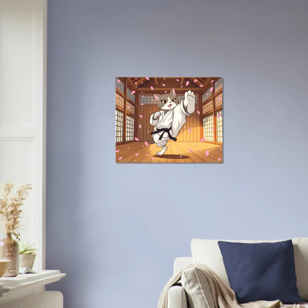 Framed cartoon Cat Karateka aluminum print artwork from Cherry Blossom Showdown by PixiOnyx