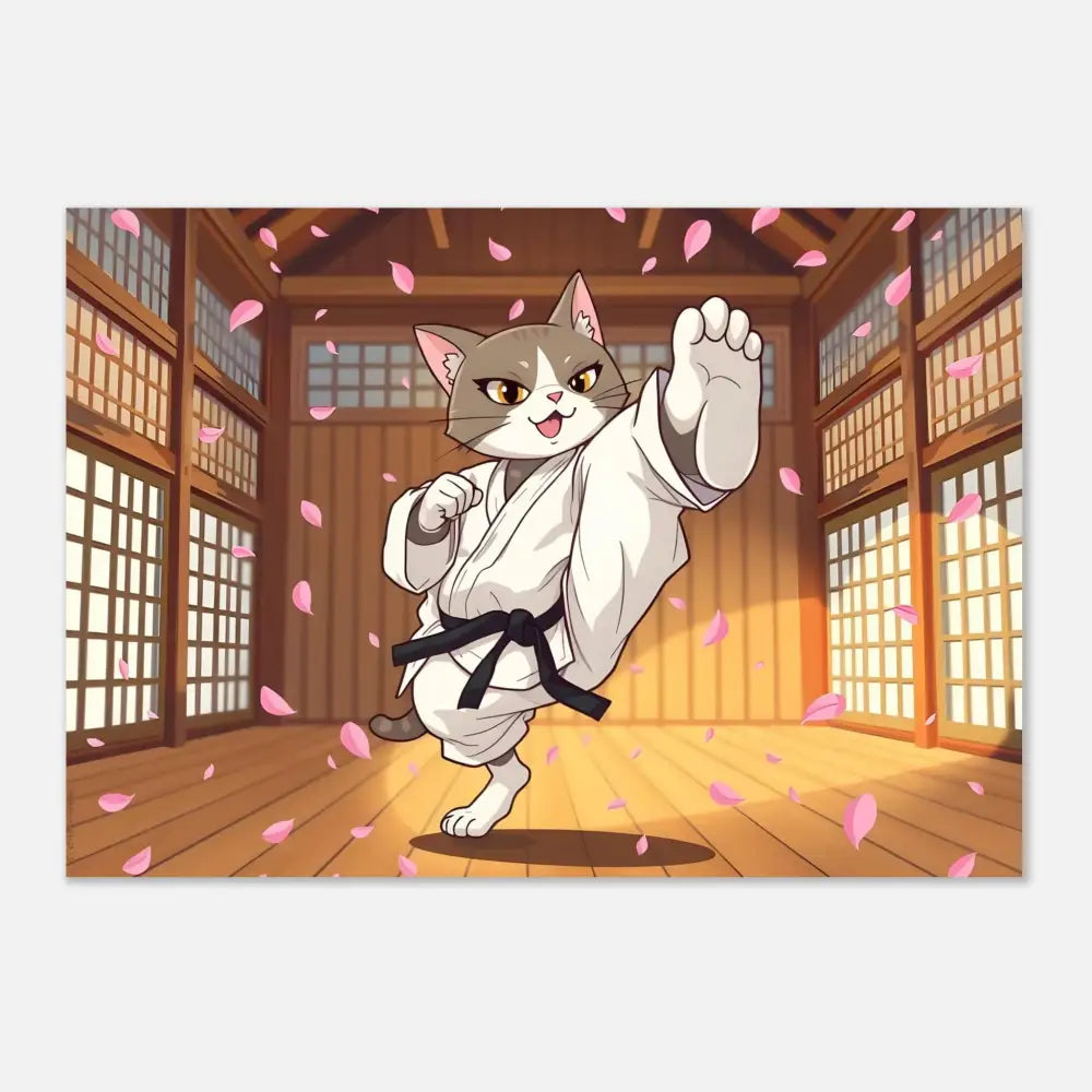 Cartoon cat in karate uniform on aluminum print titled Cherry Blossom Showdown by PixiOnyx