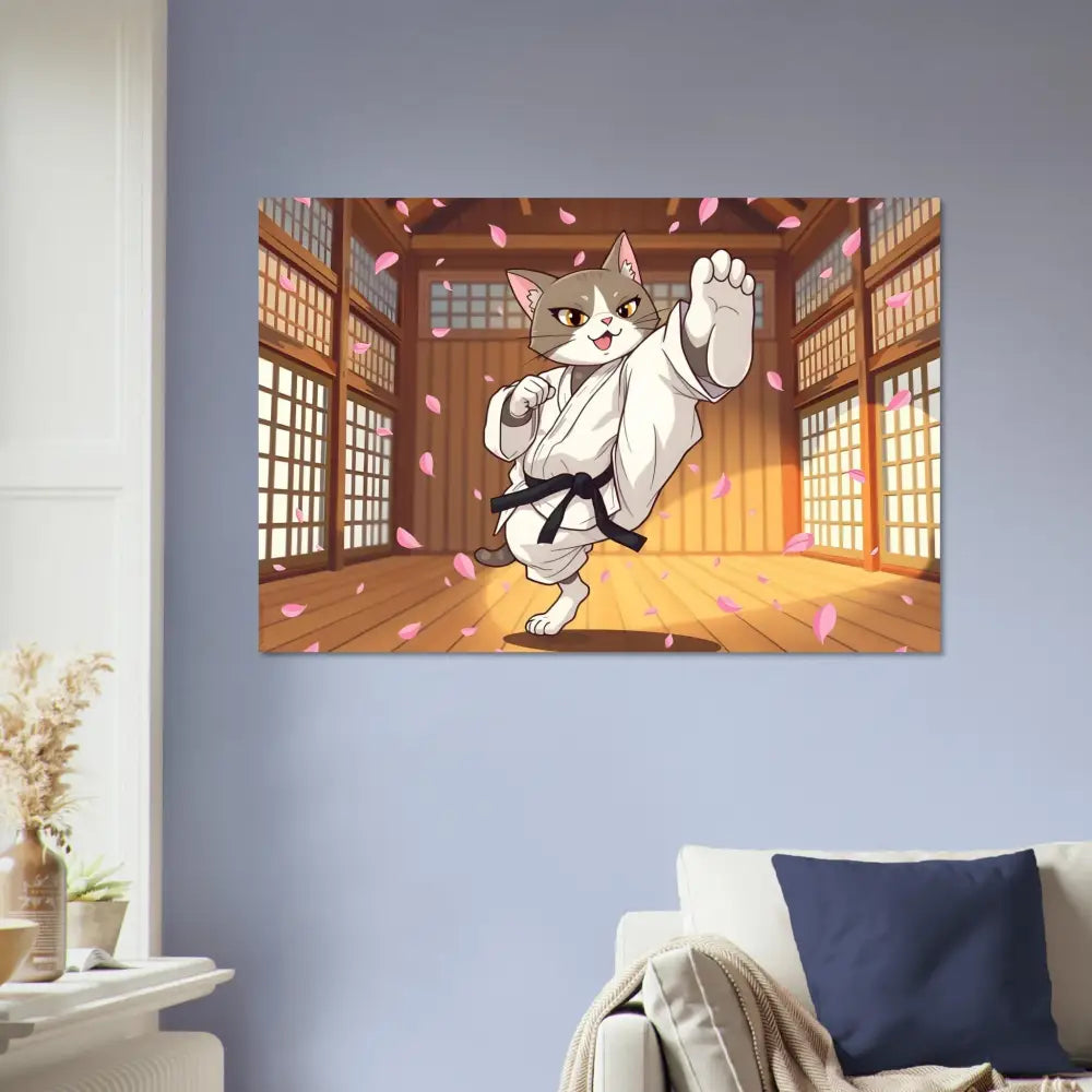 Aluminum print of Karate Cat wall art with cherry blossom design by PixiOnyx