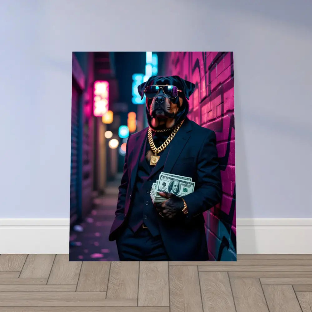 Rottweiler in suit holding money on Aluminum Print Kingpin K9 PixiOnyx Urban Alloy